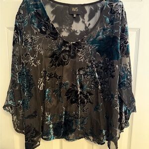 W5 Sheer Black and Teal Floral Blouse